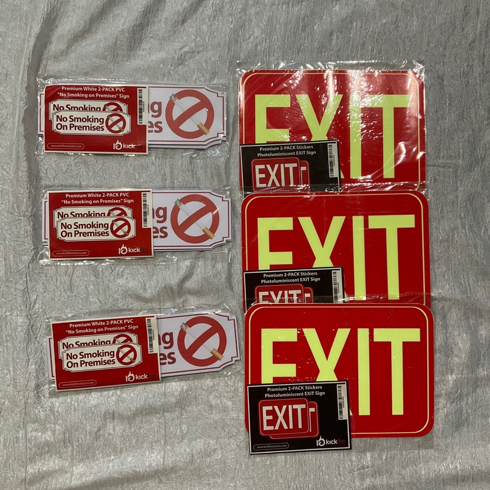 Lot of 12 Kickfire Commercial Safety Signs 6 Exit Stickers 6 PVC No Smoking New